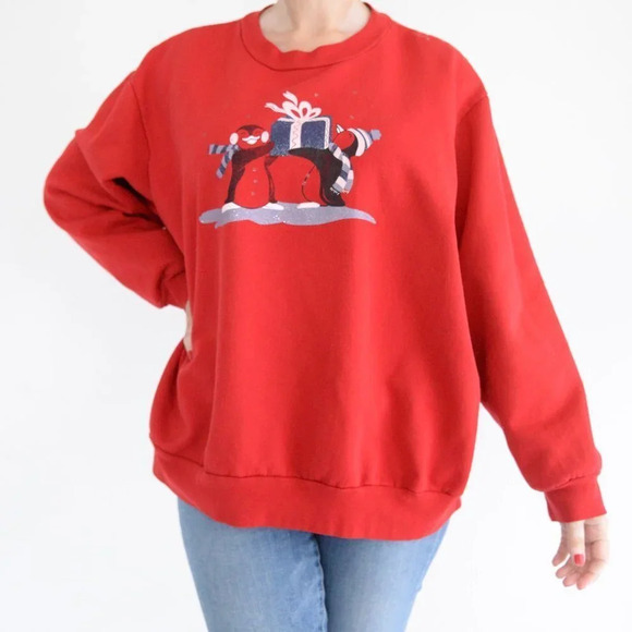 Vintage  Penningtons Red "Penguins  Presents" Festive Holiday Crewneck Sweater L - Picture 1 of 10